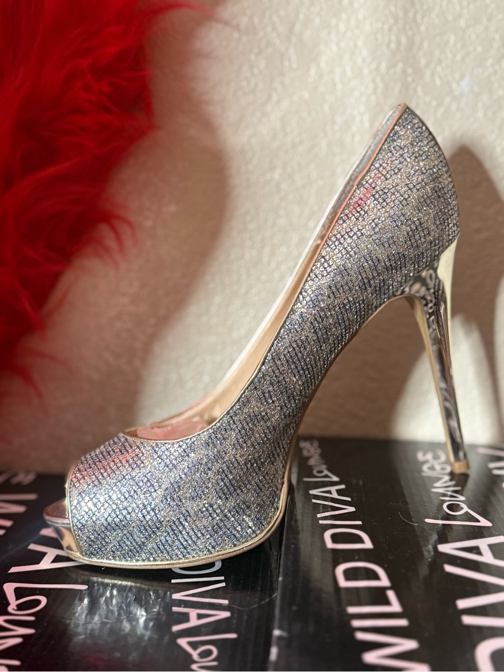 Guess Silver Glitter Peep-Toe Stilettos